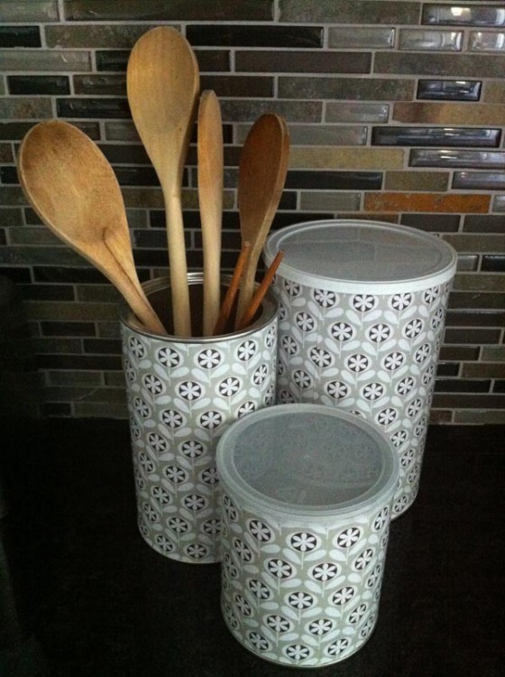 mod podged fabric-covered covered cans